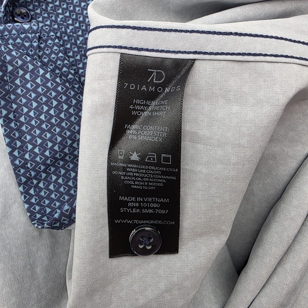 7 Diamonds Higher Love 4 Way Stretch Woven Shirt Men's M Blue Geometric Pattern - Picture 10 of 10
